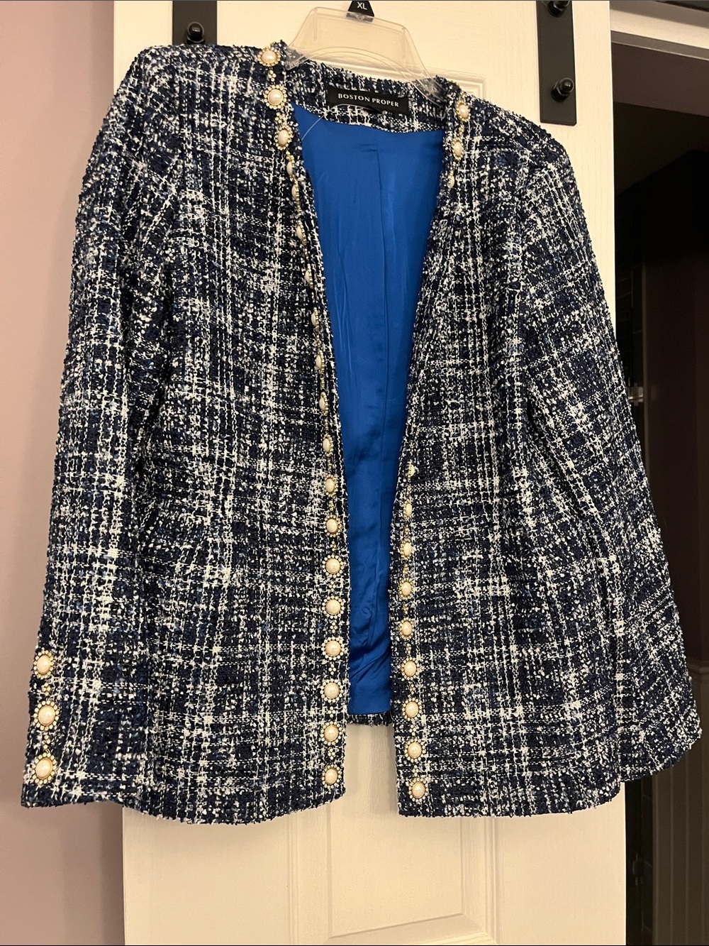 Boston Proper Navy & White Tweed Jacket with Pearl Buttons